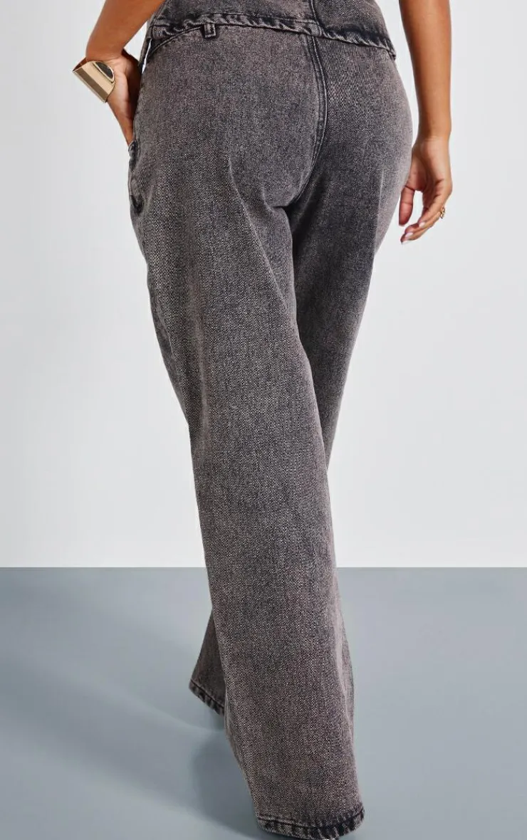 Clearance PrettyLittleThing Petite Asymmetric Waist Wide Leg Jeans Washed Grey