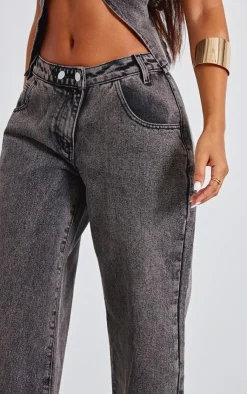 Clearance PrettyLittleThing Petite Asymmetric Waist Wide Leg Jeans Washed Grey