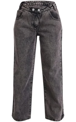 Clearance PrettyLittleThing Petite Asymmetric Waist Wide Leg Jeans Washed Grey