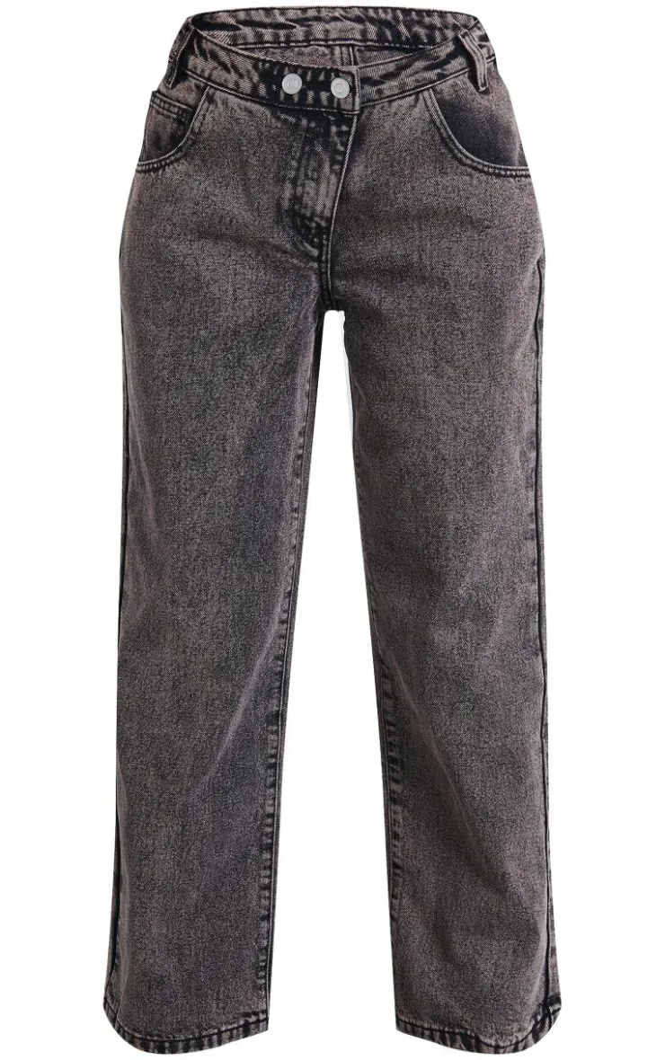 Clearance PrettyLittleThing Petite Asymmetric Waist Wide Leg Jeans Washed Grey