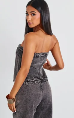 Clearance PrettyLittleThing Petite Bandeau Open Top Washed Grey