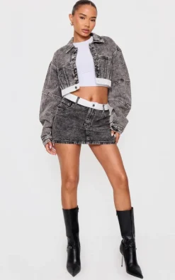 Clearance PrettyLittleThing Petite Contrast Waistband Denim Mini Skirt Washed Grey