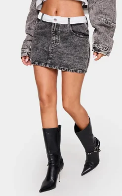 Clearance PrettyLittleThing Petite Contrast Waistband Denim Mini Skirt Washed Grey