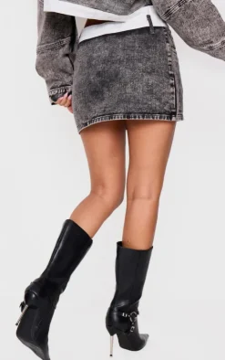 Clearance PrettyLittleThing Petite Contrast Waistband Denim Mini Skirt Washed Grey