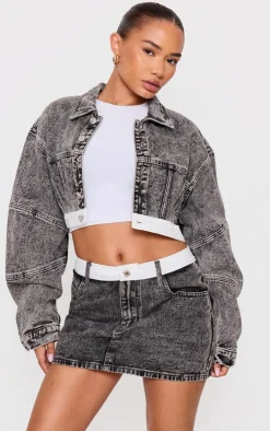 Clearance PrettyLittleThing Petite Contrast Waistband Denim Mini Skirt Washed Grey