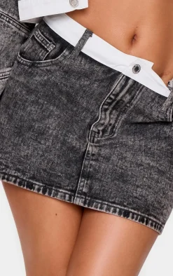 Clearance PrettyLittleThing Petite Contrast Waistband Denim Mini Skirt Washed Grey