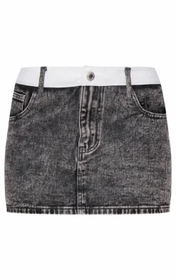 Clearance PrettyLittleThing Petite Contrast Waistband Denim Mini Skirt Washed Grey