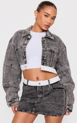 Online PrettyLittleThing Petite Contrast Hem Cropped Denim Jacket Washed Grey