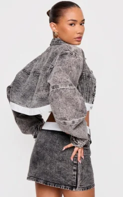 Online PrettyLittleThing Petite Contrast Hem Cropped Denim Jacket Washed Grey