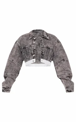 Online PrettyLittleThing Petite Contrast Hem Cropped Denim Jacket Washed Grey