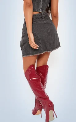 Online PrettyLittleThing Petite Denim Seam Detail Mini Skirt Washed Grey