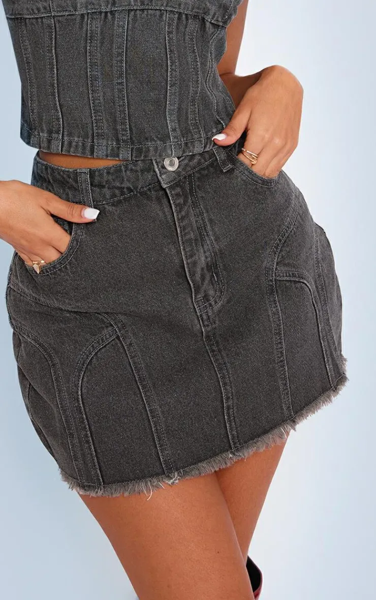 Online PrettyLittleThing Petite Denim Seam Detail Mini Skirt Washed Grey