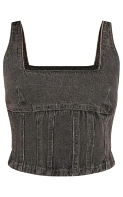 Online PrettyLittleThing Petite Denim Seam Detail Mini Skirt Washed Grey