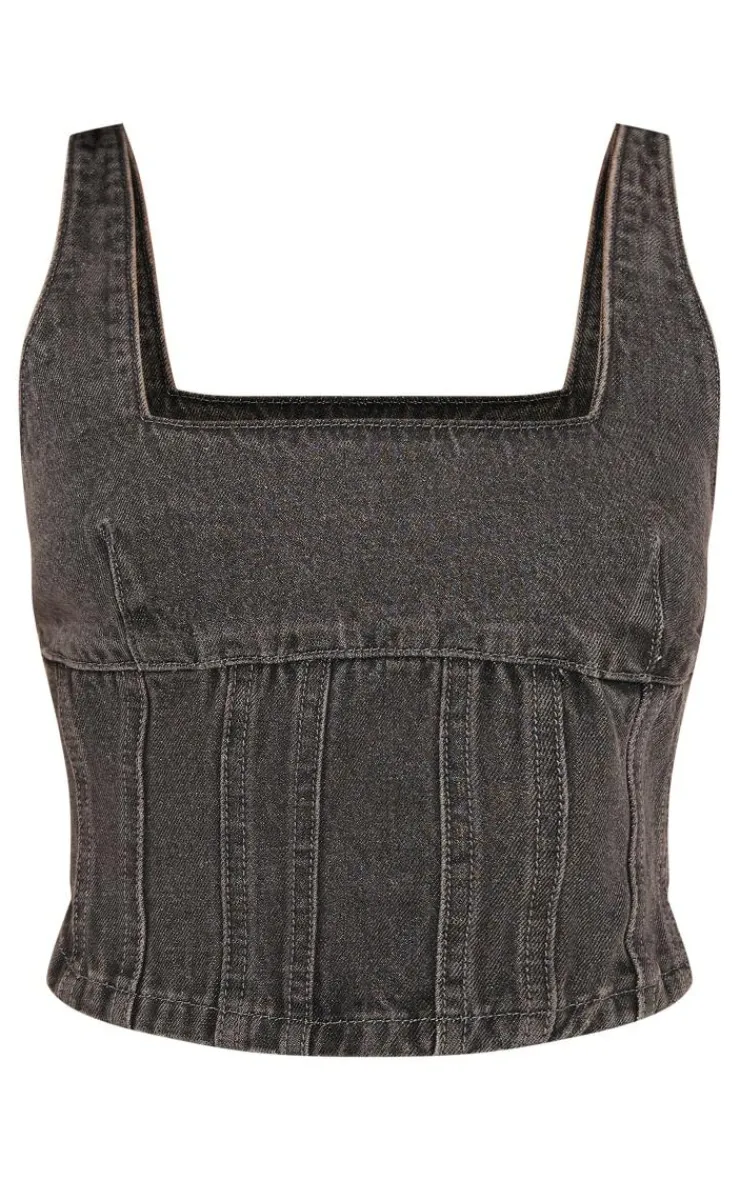 Online PrettyLittleThing Petite Denim Seam Detail Mini Skirt Washed Grey