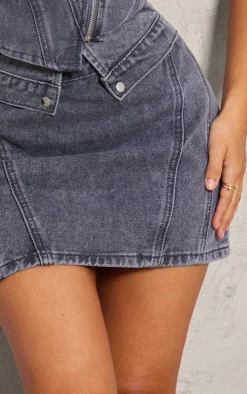 PrettyLittleThing Petite Denim Mid Rise Fold Over Mini Skirt Washed Grey