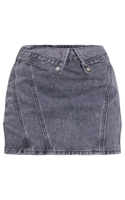 PrettyLittleThing Petite Denim Mid Rise Fold Over Mini Skirt Washed Grey