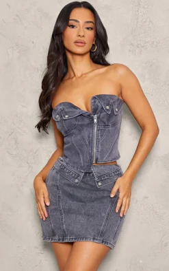 Clearance PrettyLittleThing Petite Denim Fold Over Zip Up Corset Washed Grey
