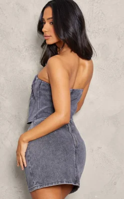 Clearance PrettyLittleThing Petite Denim Fold Over Zip Up Corset Washed Grey