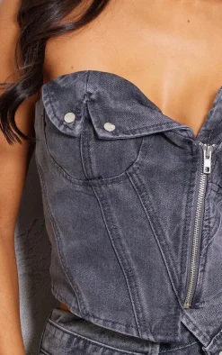 Clearance PrettyLittleThing Petite Denim Fold Over Zip Up Corset Washed Grey