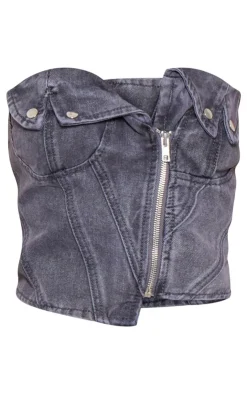 Clearance PrettyLittleThing Petite Denim Fold Over Zip Up Corset Washed Grey