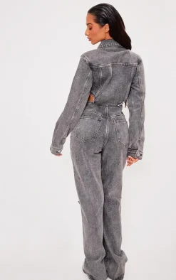 Petite Washed Grey Denim Ripped Knee Jumpsuit