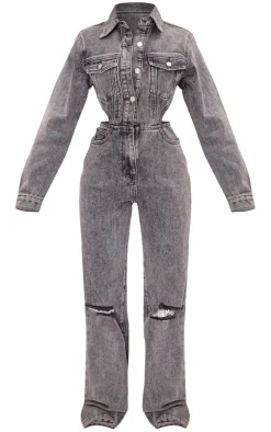 Petite Washed Grey Denim Ripped Knee Jumpsuit