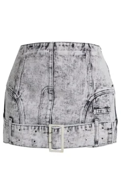 New PrettyLittleThing Petite Denim Mini Skirt With Belt Detail Washed Grey