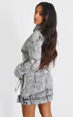 Outlet PrettyLittleThing Petite Denim Fitted Jacket Washed Grey