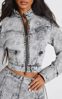 Outlet PrettyLittleThing Petite Denim Fitted Jacket Washed Grey