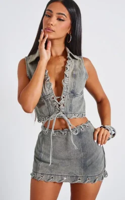 New PrettyLittleThing Petite Denim Lace Up Crop Top Washed Grey