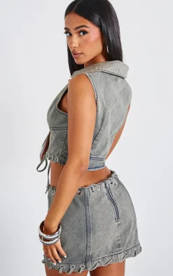 New PrettyLittleThing Petite Denim Lace Up Crop Top Washed Grey