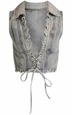New PrettyLittleThing Petite Denim Lace Up Crop Top Washed Grey