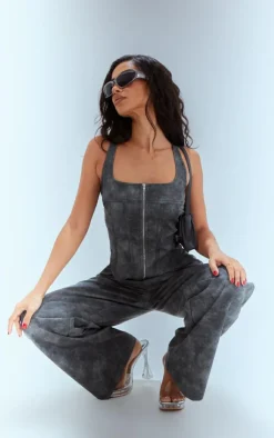 Hot PrettyLittleThing Petite Faux Leather Straight Leg Pants Washed Grey
