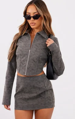 Discount PrettyLittleThing Petite Faux Leather Zip Up Crop Jacket Washed Grey