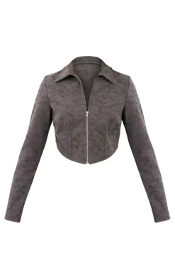 Discount PrettyLittleThing Petite Faux Leather Zip Up Crop Jacket Washed Grey