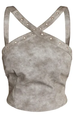 Hot PrettyLittleThing Petite Faux Leather Eyelet Detail Crop Top Washed Grey