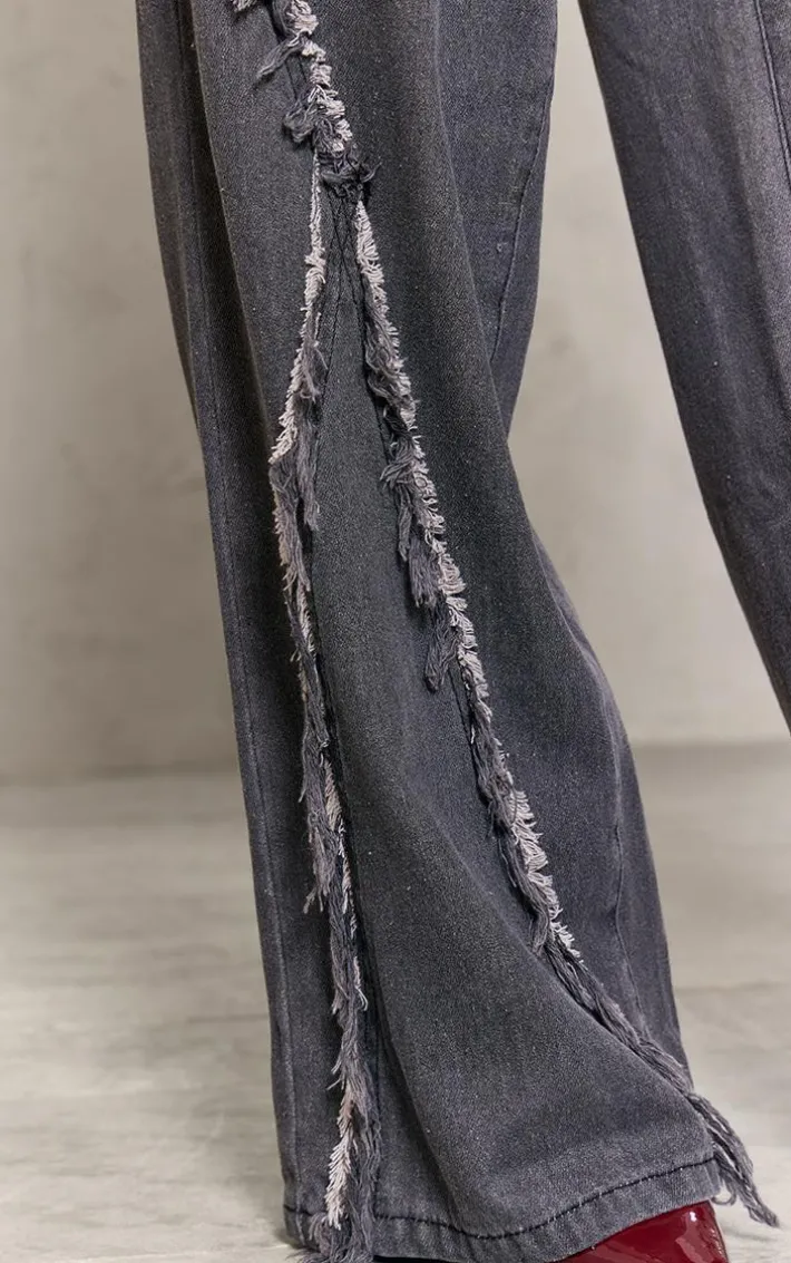 Petite Washed Grey Fray Detail Wide Leg Jeans
