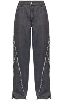Petite Washed Grey Fray Detail Wide Leg Jeans