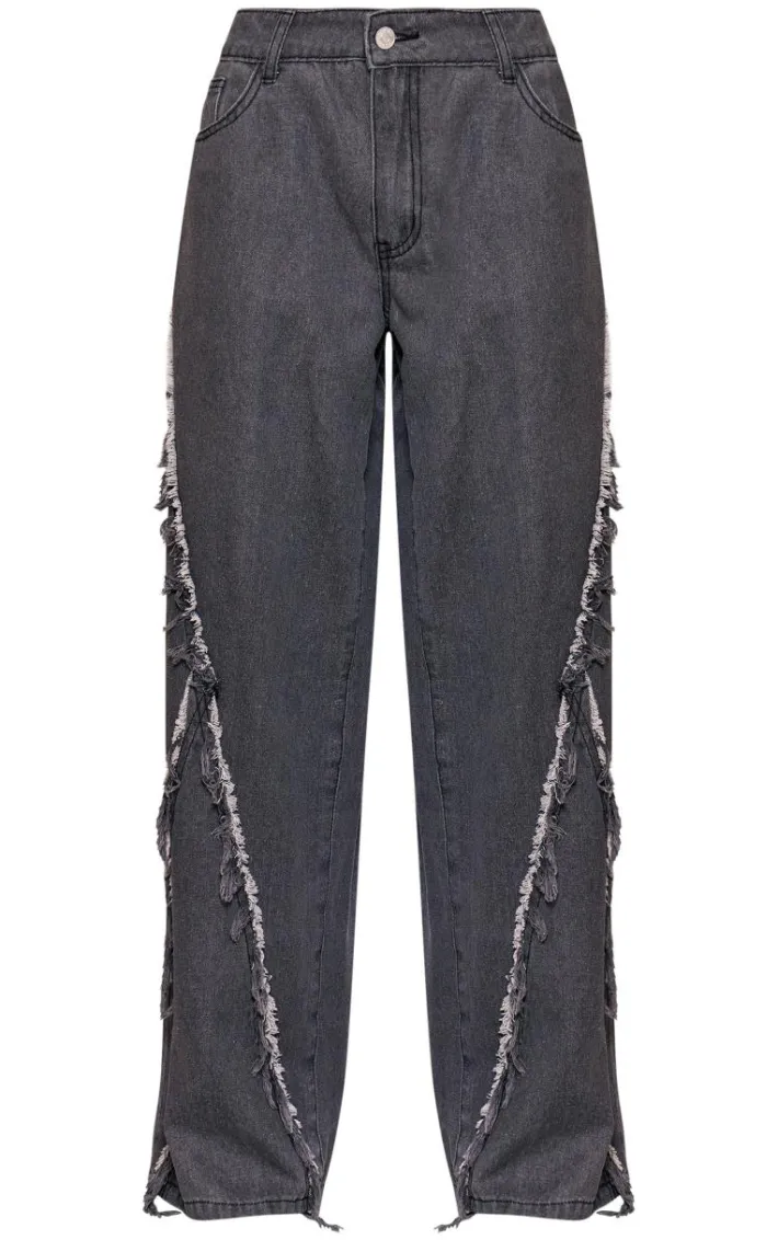 Petite Washed Grey Fray Detail Wide Leg Jeans