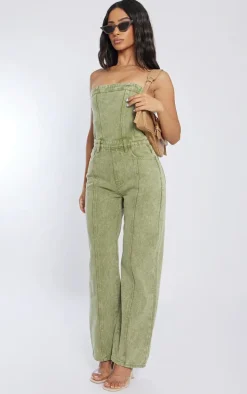 Petite Washed Khaki Bandeau Denim Jumpsuit