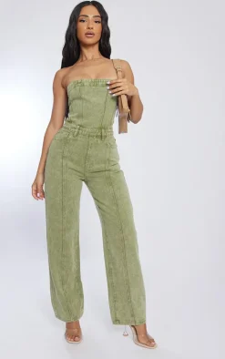 Petite Washed Khaki Bandeau Denim Jumpsuit