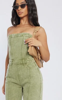 Petite Washed Khaki Bandeau Denim Jumpsuit