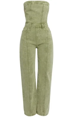 Petite Washed Khaki Bandeau Denim Jumpsuit