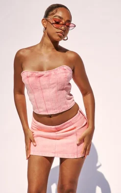 Clearance PrettyLittleThing Petite Bandeau Denim Corset Top Washed Pink