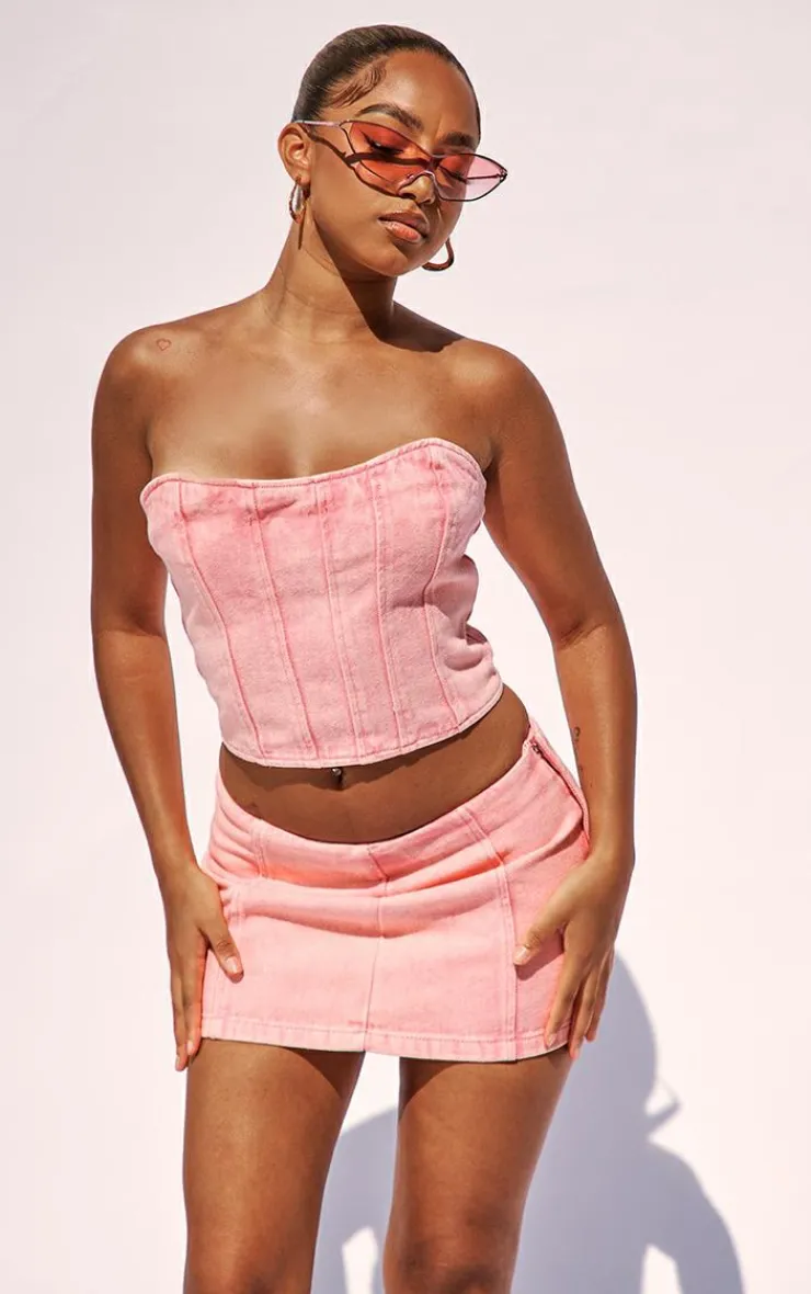 Clearance PrettyLittleThing Petite Bandeau Denim Corset Top Washed Pink