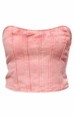 Clearance PrettyLittleThing Petite Bandeau Denim Corset Top Washed Pink