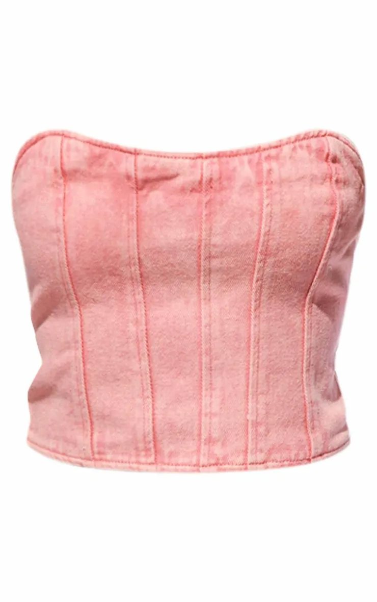 Clearance PrettyLittleThing Petite Bandeau Denim Corset Top Washed Pink