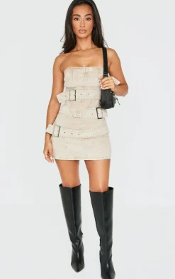 Discount PrettyLittleThing Petite Buckle Detail Denim Mini Skirt Washed Stone