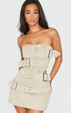 Discount PrettyLittleThing Petite Buckle Detail Denim Mini Skirt Washed Stone