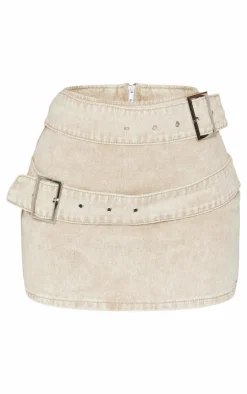 Discount PrettyLittleThing Petite Buckle Detail Denim Mini Skirt Washed Stone